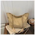 Chic sand brown suede tote bag for women featuring a stylish metal logo and chain strap - L / Dune Beige