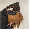 Brown suede bohemian crescent bag with gold studs and long fringe details - Brown