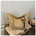 Fashionable camel suede tote bag with dual chain straps and cute bear charm decor - L / Dune (With Pendant)