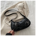Fashionable black vintage underarm bag with glossy finish and silver buckle straps - Black