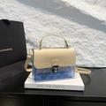 Beige leather and blue transparent PVC crossbody saddle bag with metal turn-lock - White