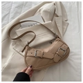 Apricot faux leather underarm bag with silver metallic buckles and retro textured finish - Dark Khaki