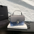 Blue semi-transparent PVC saddle bag with white diamond pattern and dark grey fabric flap - Black
