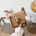 Khaki crescent crossbody bag with brown leather trim and striped scarf strap - With Pendant / Khaki