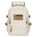 Waterproof large capacity cream nylon backpack for students with brown leather logo patch - Beige