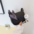 Small black crossbody flap bag with a plush doll pendant and striped silk ribbon - With Pendant / Black