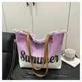 Borsa tote in tela sfumata viola con stampa Summer e dettagli sfrangiati sul tavolo - Viola