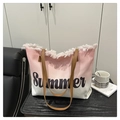 Borsa tote in tela sfumata rosa con scritta Summer e bordi con frange alla moda - Rosa Chiaro