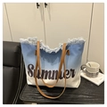 Grande borsa tote sfumata blu con stampa Summer e frange per donna da mare - Blu scuro