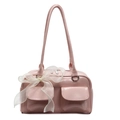 Pink glossy faux leather shoulder bag with decorative white organza bow and front pockets - Pink
