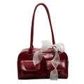 Deep red leather Boston bag with a large white organza bow and double front pockets - Red