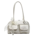 Chic white soft faux leather shoulder bag with decorative organza bow and front pockets - White
