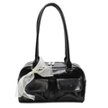 Glossy black patent leather Boston shoulder bag with dual pockets and white bow detail - Black