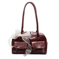 Deep red vintage patent leather shoulder bag with white bow and front flap pockets - Burgundy