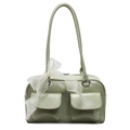 Light green soft leather shoulder bag with decorative white bow and double front pockets - Green