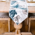 Ink painting tropical leaf table runner with elegant tassels and beaded ornaments - Blue Floral / 220cm x 33cm (Large)