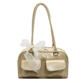 Chic beige glossy patent leather shoulder bag with decorative white sheer bow - Yellow
