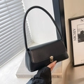 Minimalist black baguette shoulder bag with smooth leather and gold metal buckle - Black