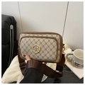 Detail of vintage crossbody bag with geometric print, wide strap, and golden M logo - Gray