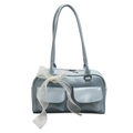 Light blue faux leather shoulder bag featuring decorative pockets and white organza bow - Blue