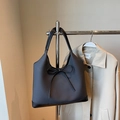 Dark grey large tote bag with fabric texture and black synthetic leather bow detail - Black