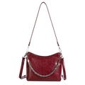 Burgundy polished leather hobo bag featuring silver chain and adjustable shoulder strap - Red