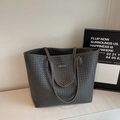 Minimalist grey woven leather tote bag with silver ZSKE metal logo and slim straps - Gray