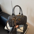 Retro grey Boston handbag with matte leather texture and tennis racket charm accessory - Black (With Pendant)