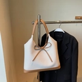 Large woven tote bag with brown leather trim and bow detail in white and tan - White and Brown