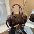 Vintage dark brown Boston handbag with gold logo and polka dot bow accessory - Coffee (With Charm)
