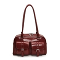 Glossy deep red shoulder bag with dual front buckle pockets and top handles - Red
