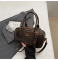 Dark brown retro PU leather Boston handbag with gold logo and vintage hardware - Coffee (No Pendant)