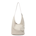 Beige lychee texture bucket bag with hobo silhouette and circular charm decoration - Off White