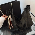 Minimalist black suede tote bag with woven pendant and silver metal charm - With Pendant / Black