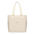 Beige solid minimalist tote bag with wide straps and side pockets for daily commuting - Beige