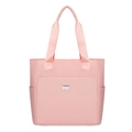 Pink waterproof nylon tote bag with silver logo plaque and functional side pockets - Pink