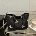 Large black tote bag with quilted letter texture and colorful butterfly embroidery - Black