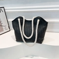 Sac cabas tissé noir avec poignées en corde de coton blanc et garniture en cuir - Noir