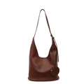 Brown litchi pattern leather hobo bucket bag with decorative round pendant - Brown