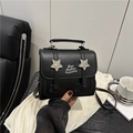Fashionable black faux leather crossbody square bag with star studs and letter print - Black