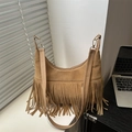 Bolso hobo de ante marrón con flecos largos y correa desmontable de estilo retro - Caqui