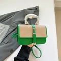 Mini crossbody bag in green leather and beige weave with chunky silver handle - Green