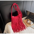 Red matte suede shoulder bag featuring a stylish long tassel fringe design for women - Burgundy