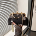 Black vintage Chinese evening bag with white flower prints and golden tassel chain - Black