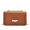 Glossy brown crocodile pattern chain crossbody bag with golden metal rectangle lock - Brown