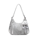 Silver metallic pleated shoulder bag with white cloud charm and dual zipper details - Silver