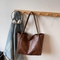 Dark brown faux leather tote bag with vintage oil-wax texture on a wall hook - No Pendant / Brown