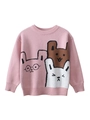 Pink knitted long-sleeve sweater for girls featuring cute stacked cartoon animal patterns - Pink / 100cm