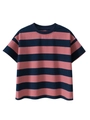 Boys pink and navy blue striped short sleeve cotton T-shirt with a relaxed drop shoulder fit - 120cm / Navy Blue / Coral Pink Stripe