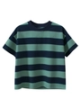Boy's short-sleeved cotton T-shirt featuring navy and green stripes with a crew neck - 120cm / Navy Blue / Mint Green Stripe
